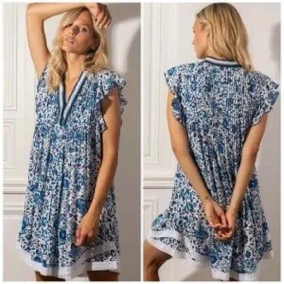 POUPETTE ST BARTH Sasha Mini Dress - White Blue Celery Size Medium - Picture 1 of 5